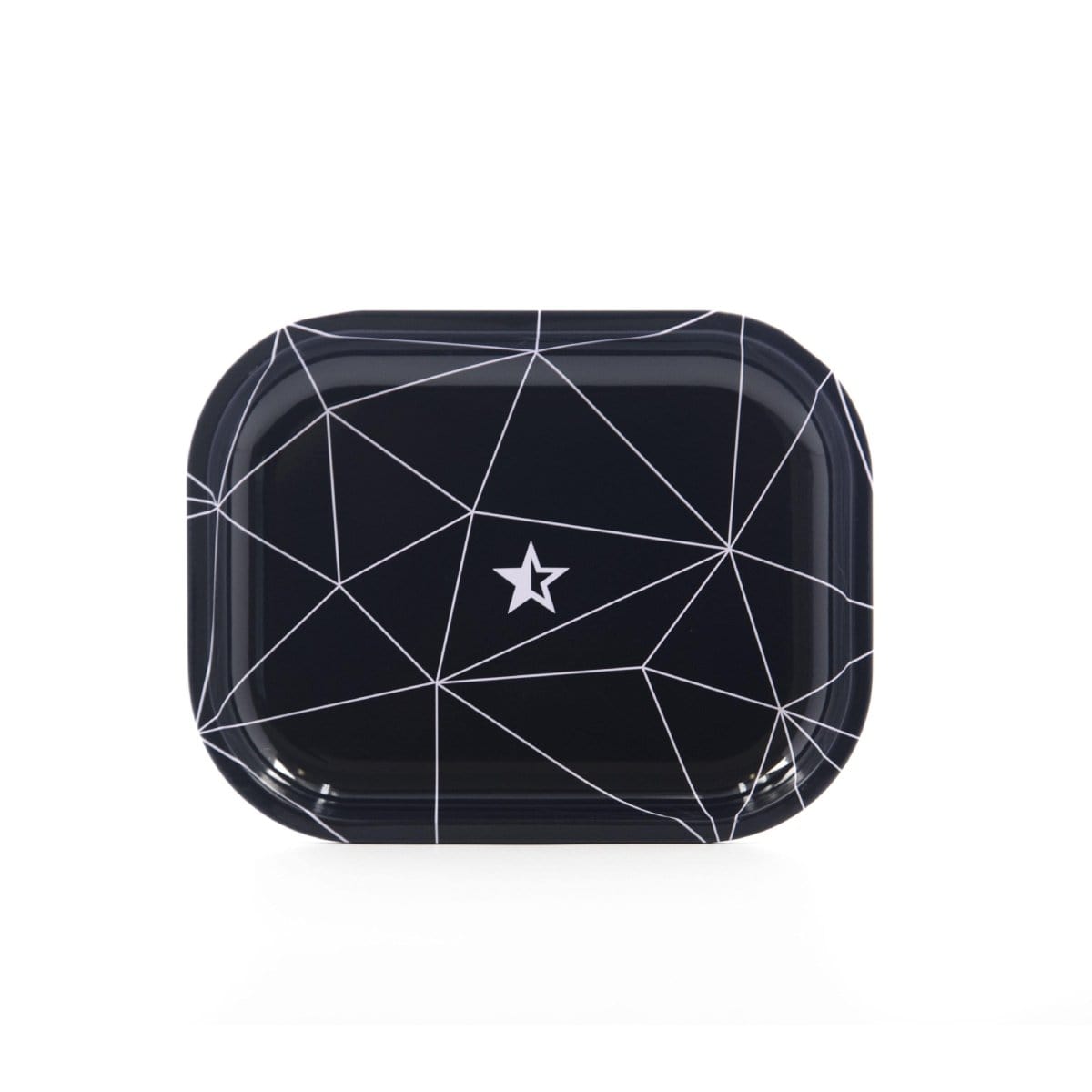 Overhead view of the Space Rolling Tray with a dark geometric pattern on a sleek black surface.