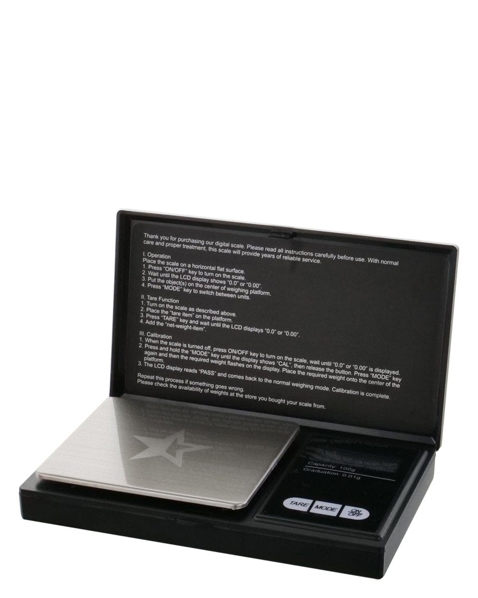 Front view of the Famous Brands Digital Scale, displaying instructions with text reading “0.0” and “MODE” on its black screen.