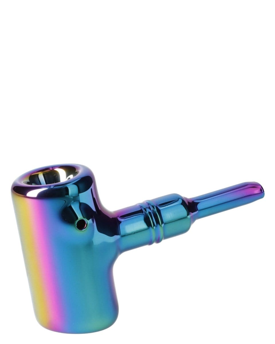 A side view of the Rainbow Famous X-Prism Fumed Large Sherlock Pipe, showing its colorful sheen and curved design.