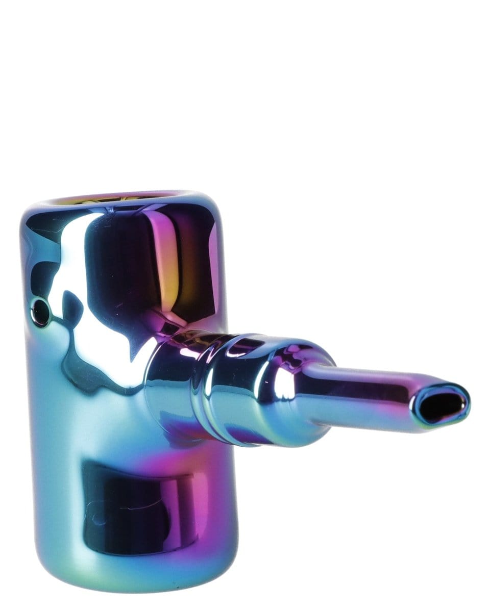 Front view of the Rainbow Famous X-Prism Fumed Large Sherlock Pipe, showing its iridescent glass and curved design.