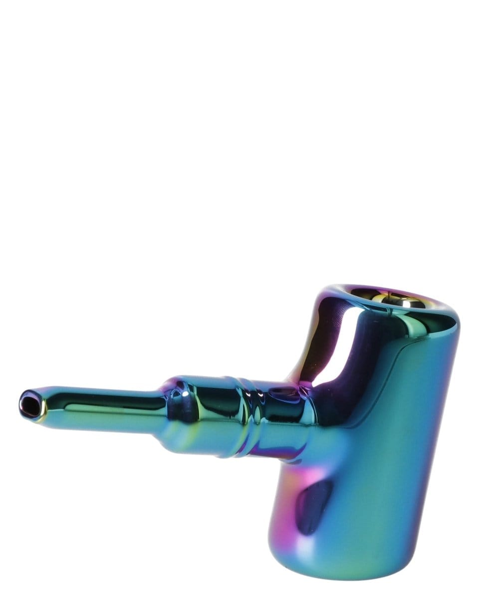 A three-quarter view of the Rainbow Famous X-Prism Fumed Large Sherlock Pipe, showcasing its curved shape and iridescent finish.