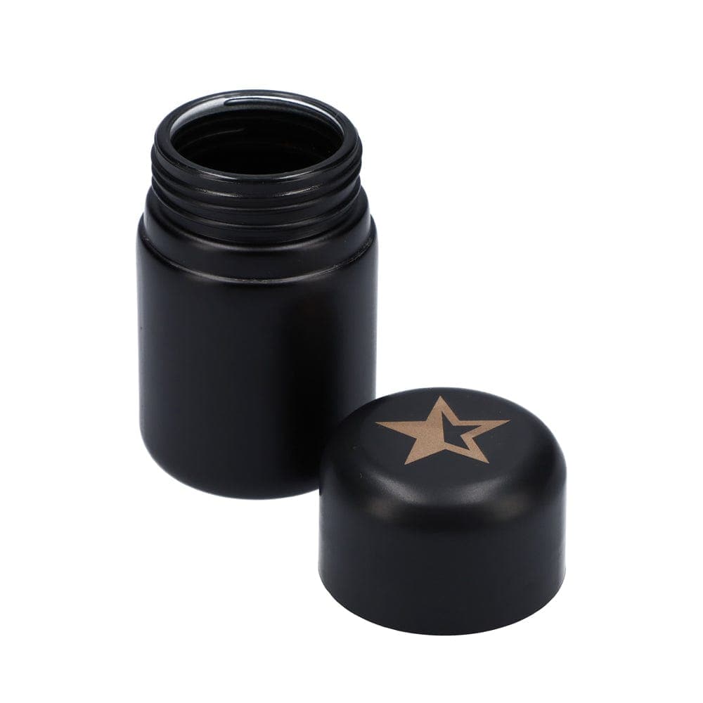 A top-down view of the Black Glass Stash Jar, showcasing its dark glass construction and cylindrical shape.