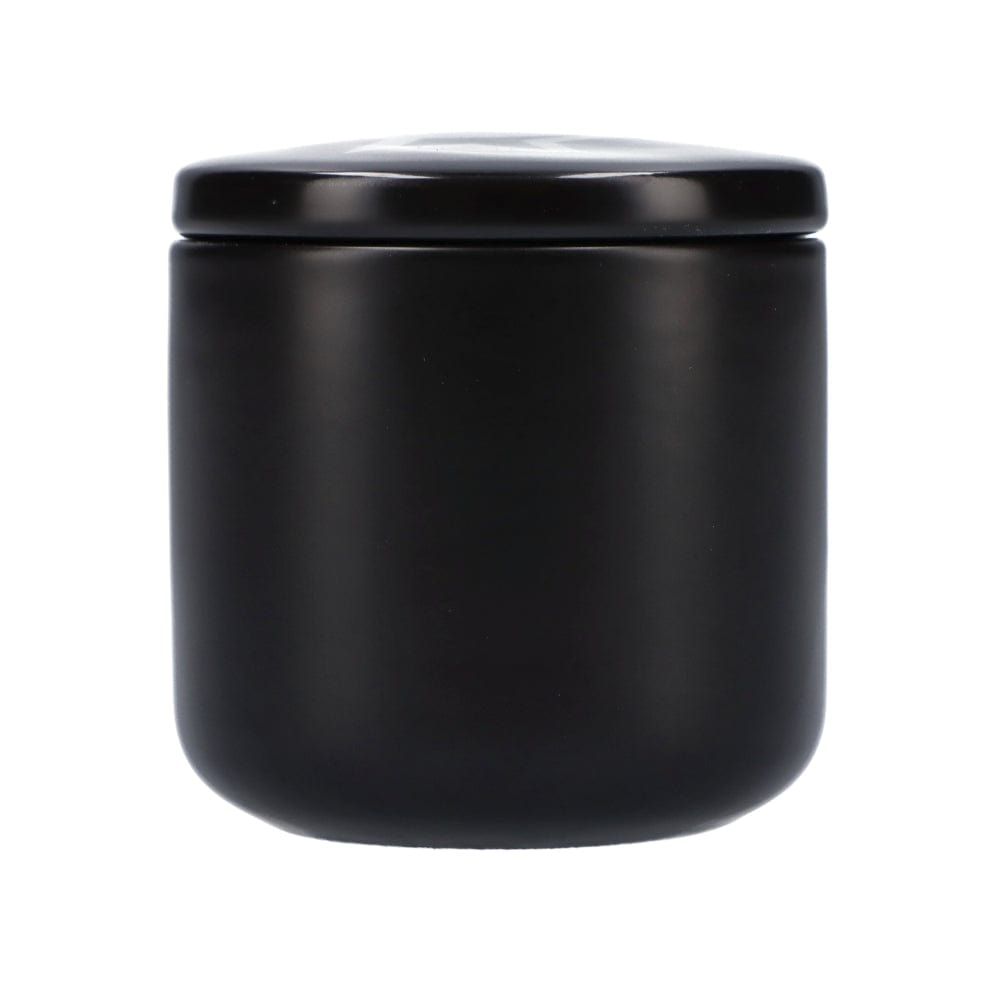 Front view of the Small Ceramic Stash Jar, a dark-colored container sitting against a plain white background.