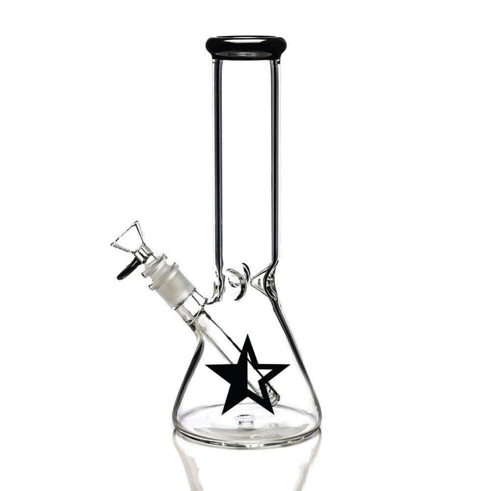 Front view of the Famous X 12" Beaker Water Pipe, a clear glass beaker with a simple cylindrical shape and visible joint.