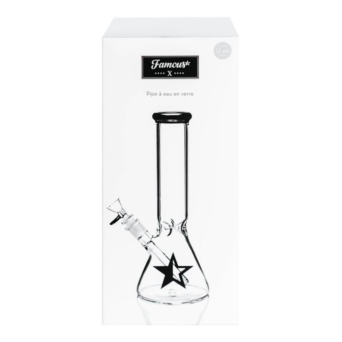 Front view of the Famous X 12" Beaker Water Pipe, a clear glass beaker with a wide base and a visible joint.