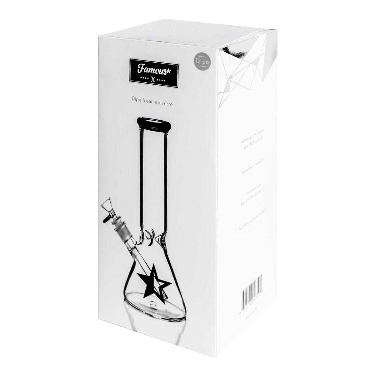 Front view of the Famous X 12" Beaker Water Pipe, showcasing the clear glass beaker design with a simple, clean presentation.