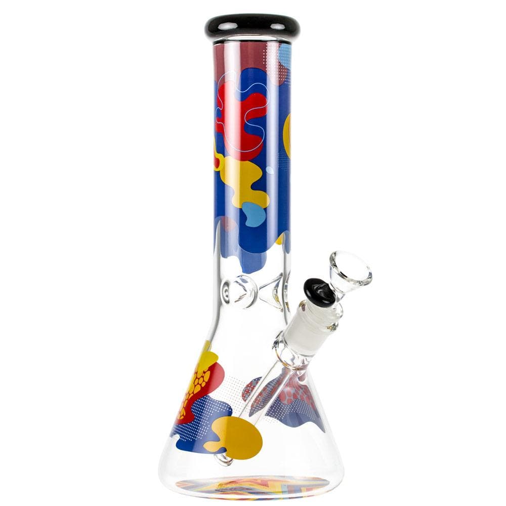Front view of the Papaya 12" Beaker Water Pipe, showcasing its colorful design and clear glass construction.