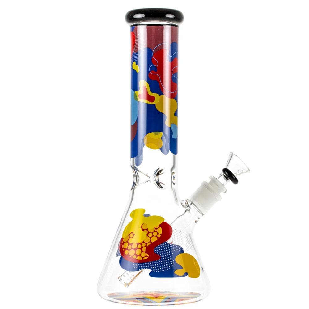 Front view of the Papaya 12" Beaker Water Pipe, showcasing a colorful design within clear glass.