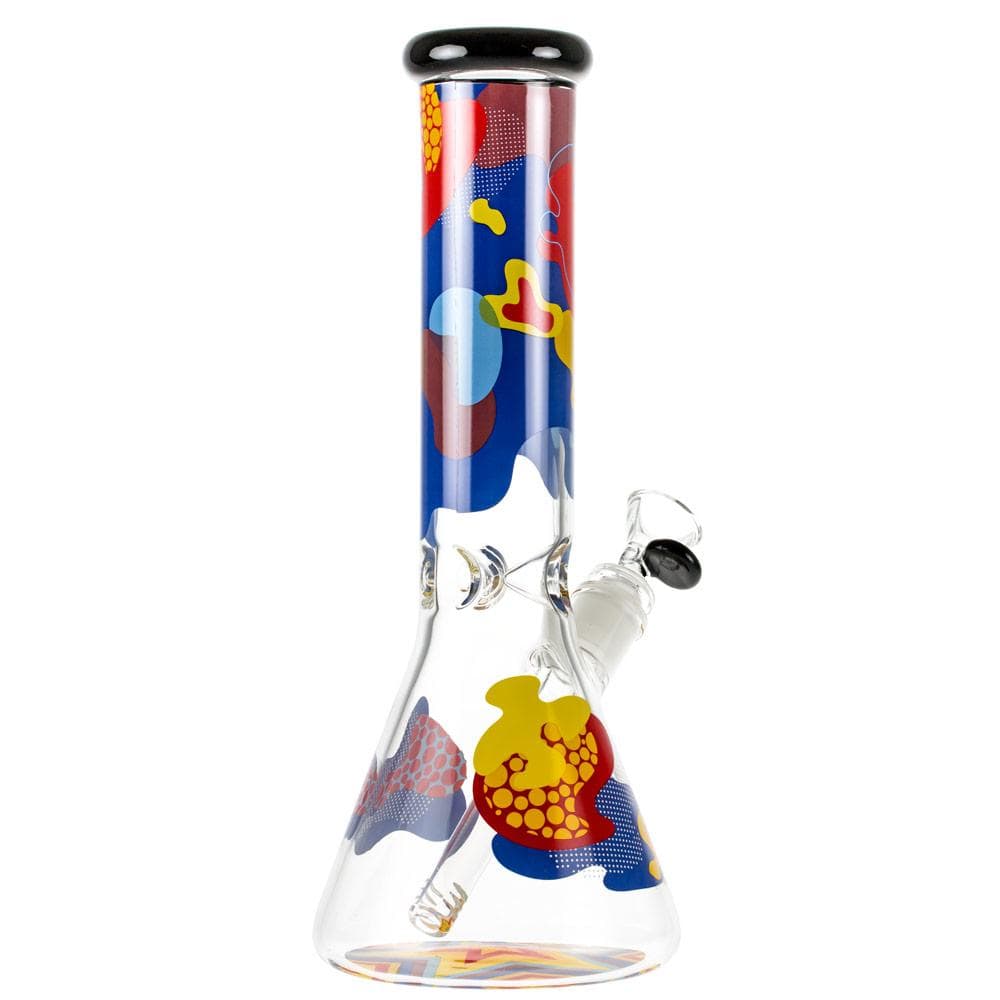 Front view of the Papaya 12" Beaker Water Pipe with colorful accents on clear glass, angled slightly to showcase its shape.