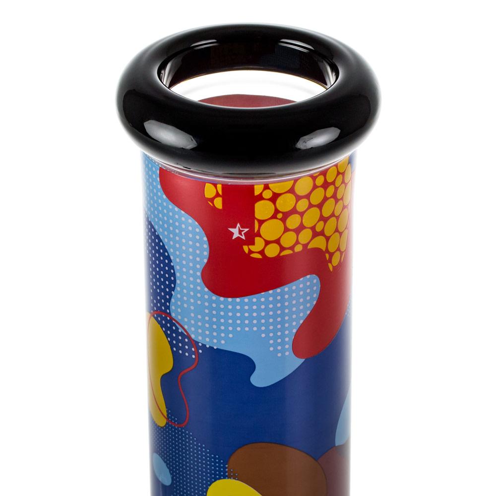 Front view of the Papaya 12" Beaker Water Pipe, showcasing a colorful, patterned design within a clear glass beaker form.