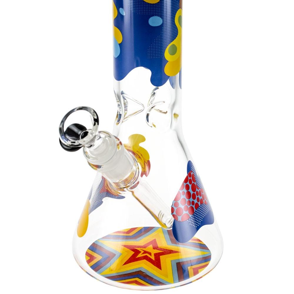 A front view of the Papaya 12" Beaker Water Pipe, showing its clear glass construction and colorful base design.