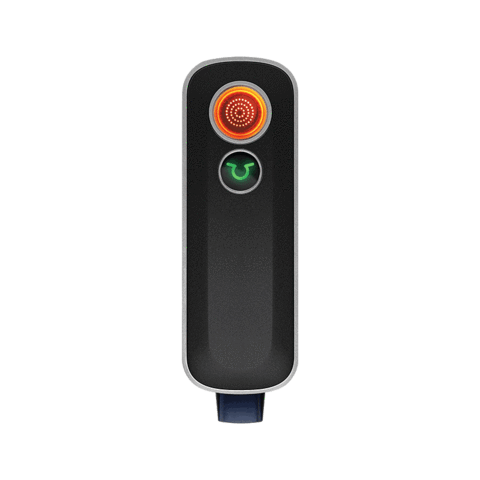 Front view of the Firefly 2+ (Plus) Vaporizer, a sleek black handheld device with a metallic accent and illuminated button.