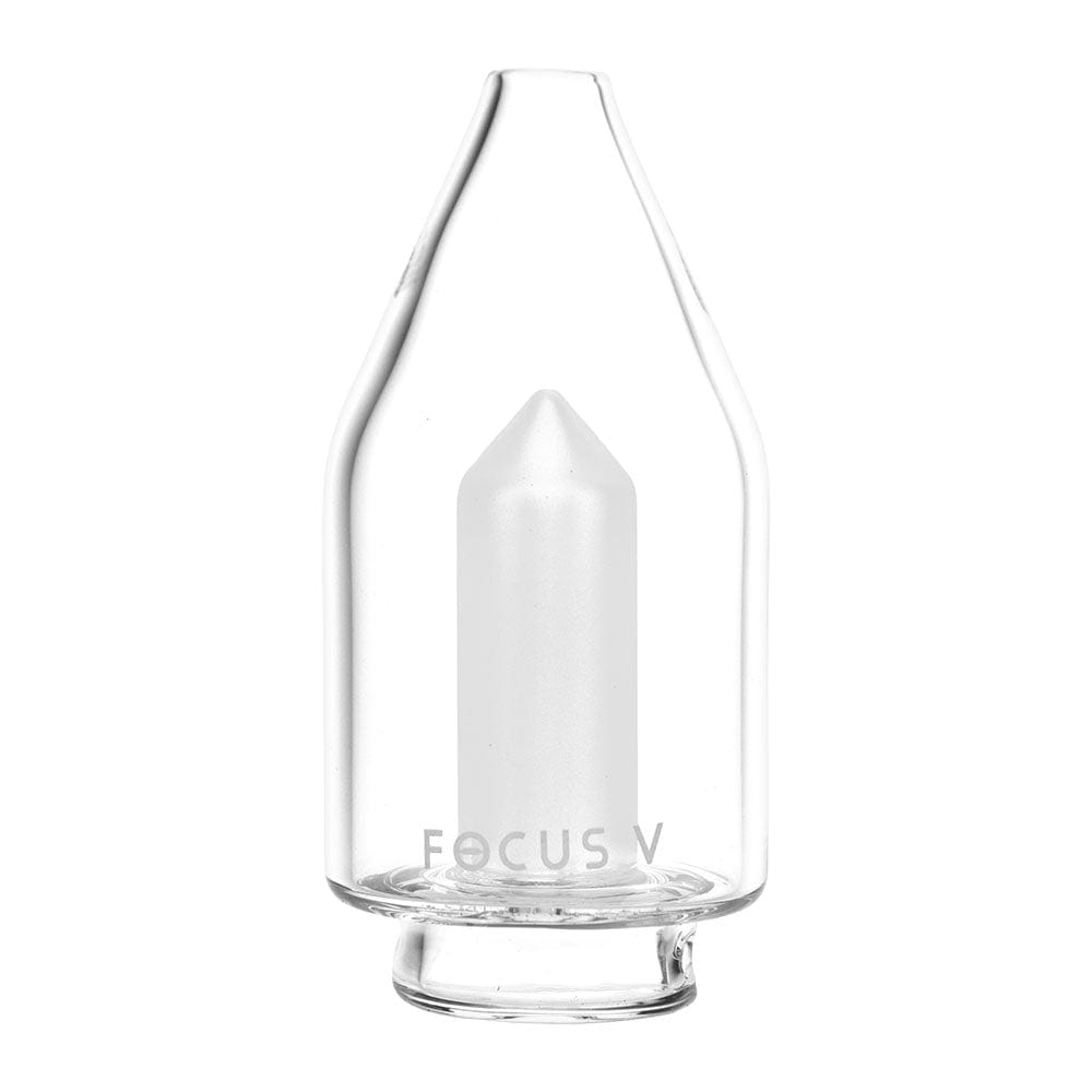A front view of the Focus V CARTA Glass Top, showing the clear glass top piece with a smooth, rounded shape.