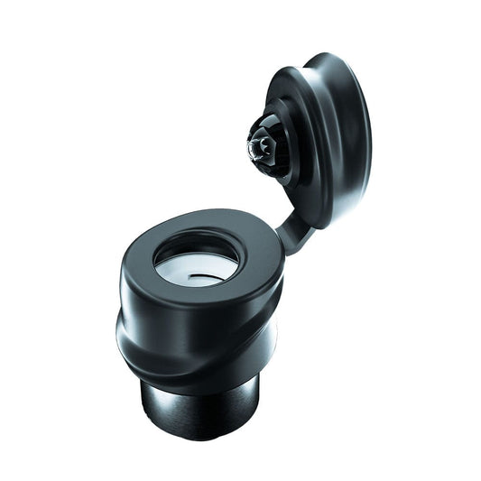 Close-up angled view of the Focus V CARTA 2 Intelli-Core Atomizer for oil, showcasing its dark, cylindrical design.