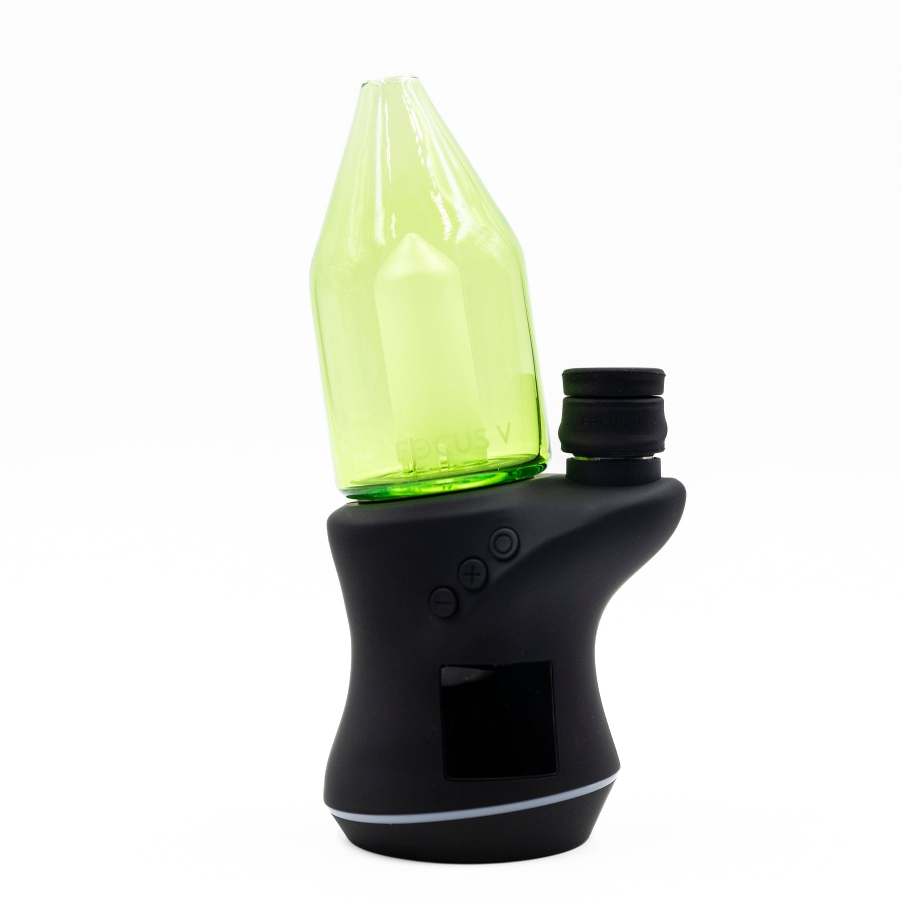 Front view of the Focus V CARTA Glass Top with a transparent, rounded glass piece attached to a black base.