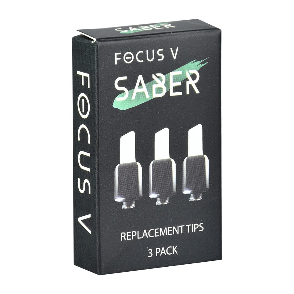A studio shot of three Focus V Saber Replacement Tips, arranged in a triangular formation on a dark surface.