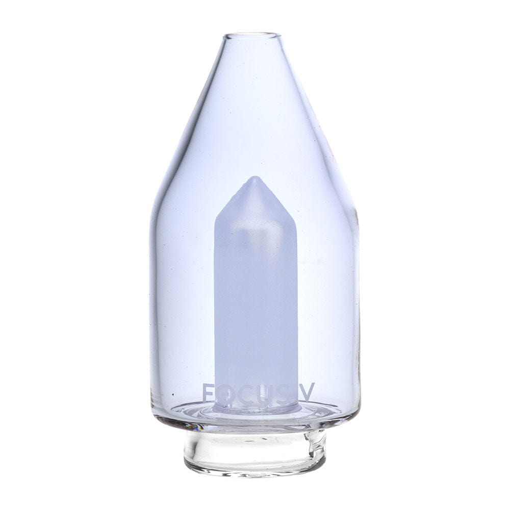 A slightly angled studio shot of the Focus V CARTA Glass Top, showcasing its clear glass construction and simple, rounded form.