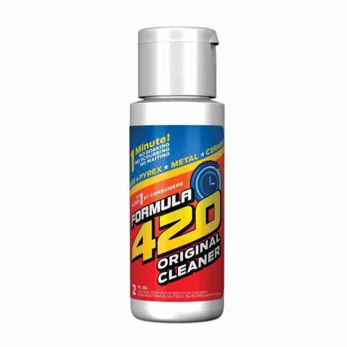 Front view of the 2oz Formula 420 Cleaner bottle, showcasing its sleek design and clear liquid within.