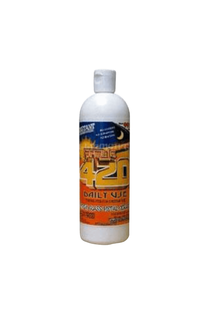 Centered front view of a white bottle labeled "Formula 420 Concentrated Daily Use Cleaner - 16oz" against a plain green background.