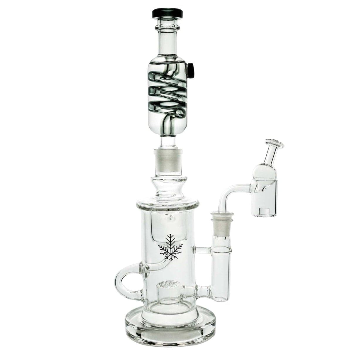Front view of the Freeze Pipe Klein Recycler, a clear glass recycler with multiple chambers and a curved mouthpiece.