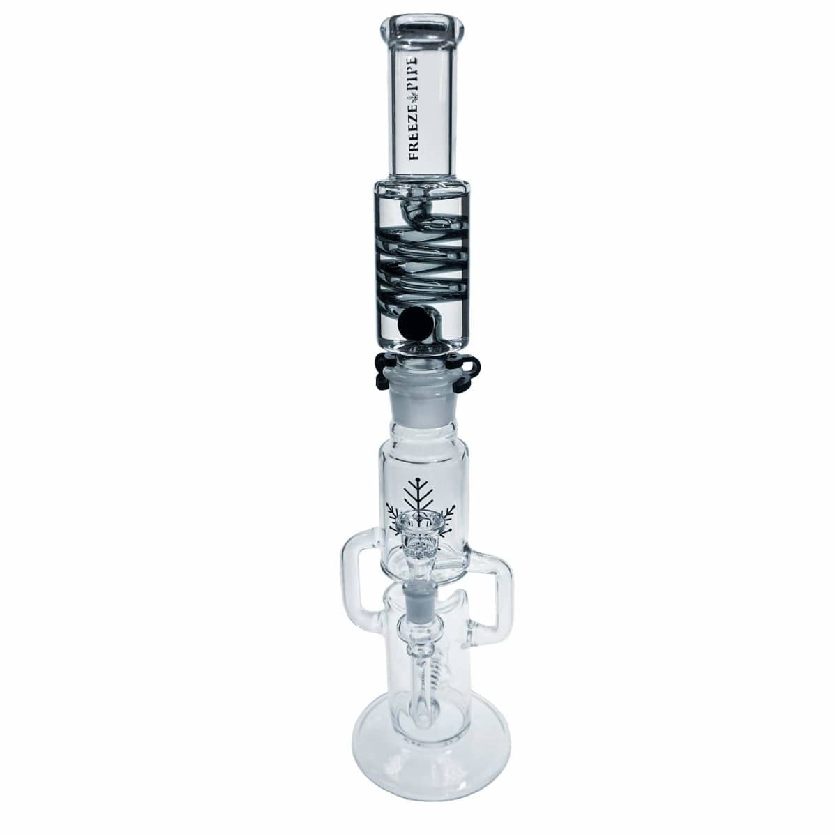 A three-quarter view of the Freeze Pipe Recycler Bong, showcasing its clear glass construction and intricate internal recycling chambers.
