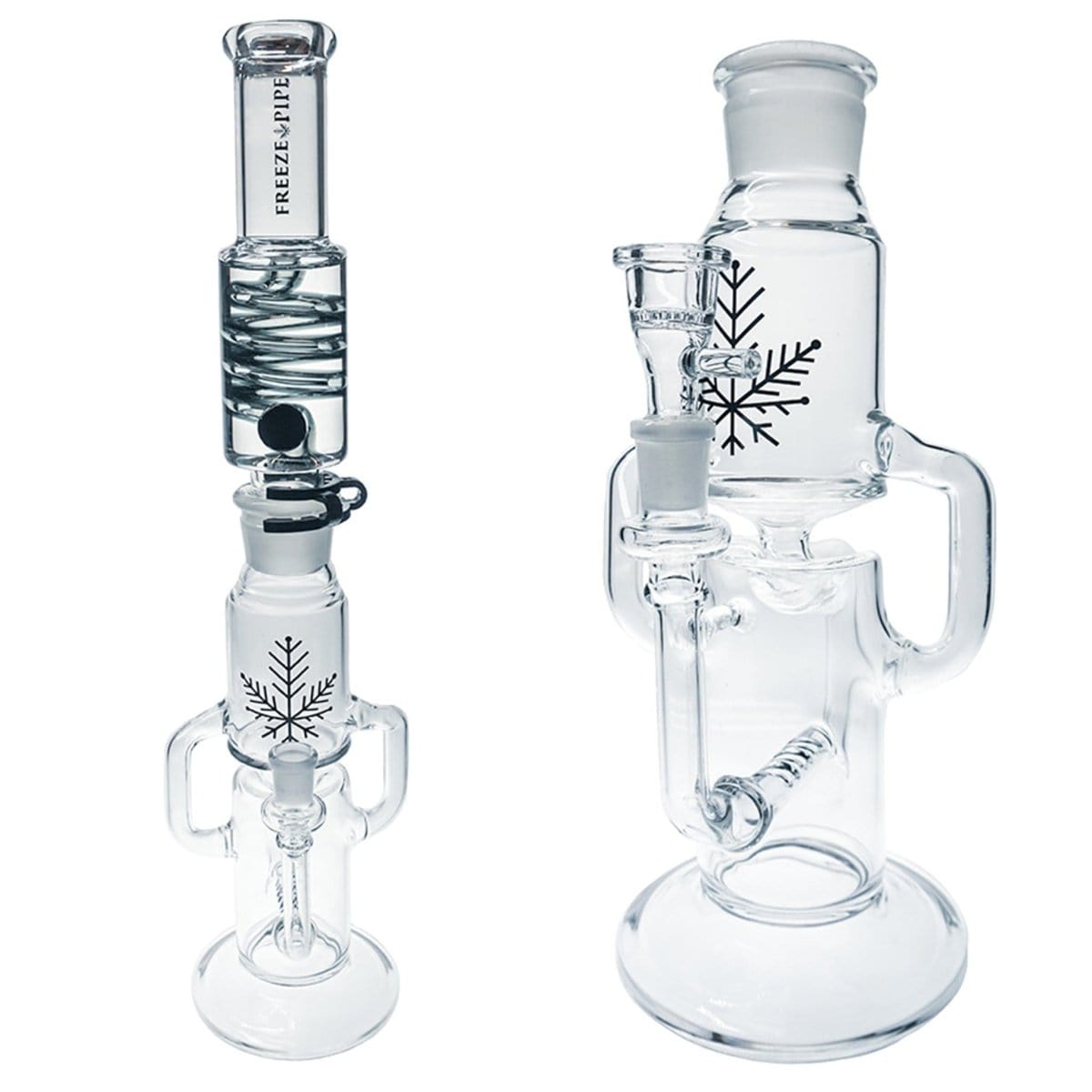 A front view of the Freeze Pipe Recycler Bong shows clear glass with a rounded base and intricate internal chambers.