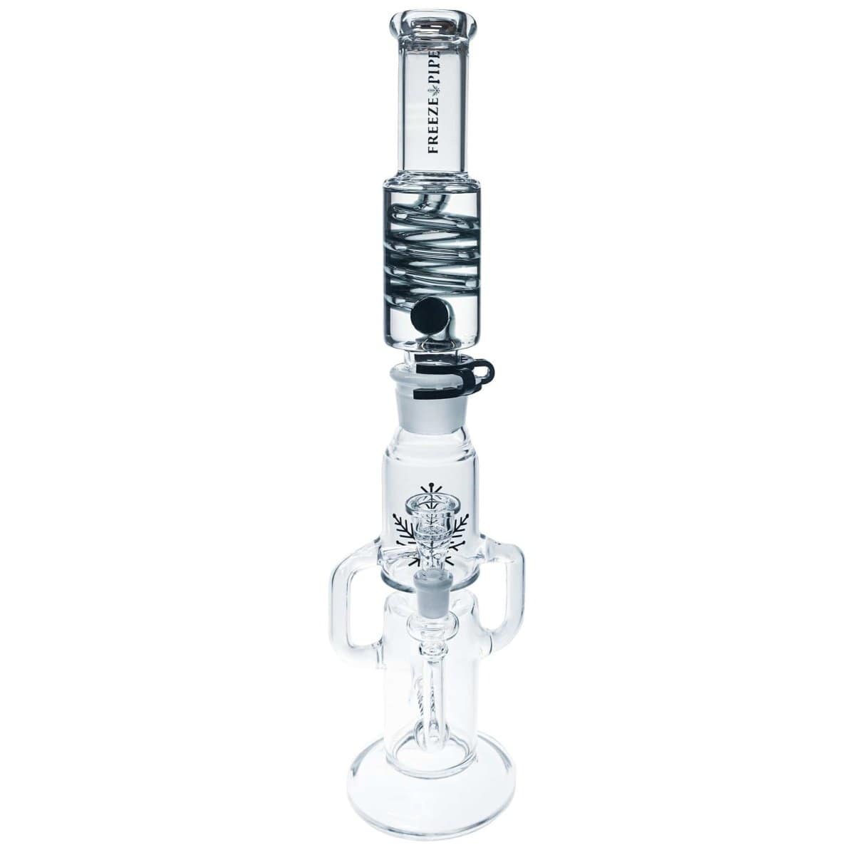 A studio shot of the Freeze Pipe Recycler Bong, showcasing its clear glass construction and intricate recycler design.
