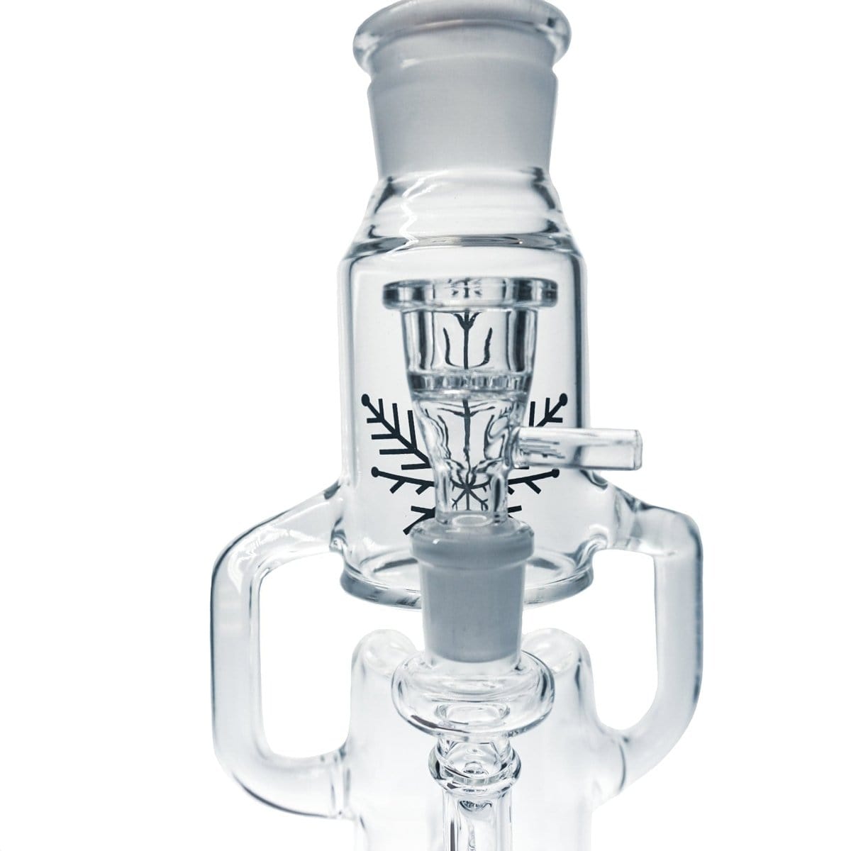 A detailed, angled view of the Freeze Pipe Recycler Bong, showcasing its clear glass construction and intricate internal chambers.