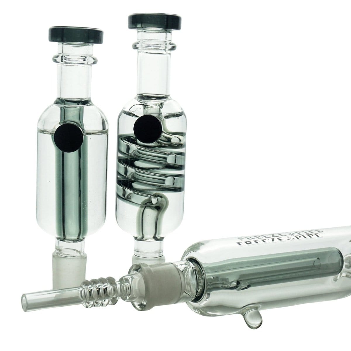 A close-up, angled view of the Freeze Pipe Nectar Collector Kit, showcasing its clear glass construction and simple design.