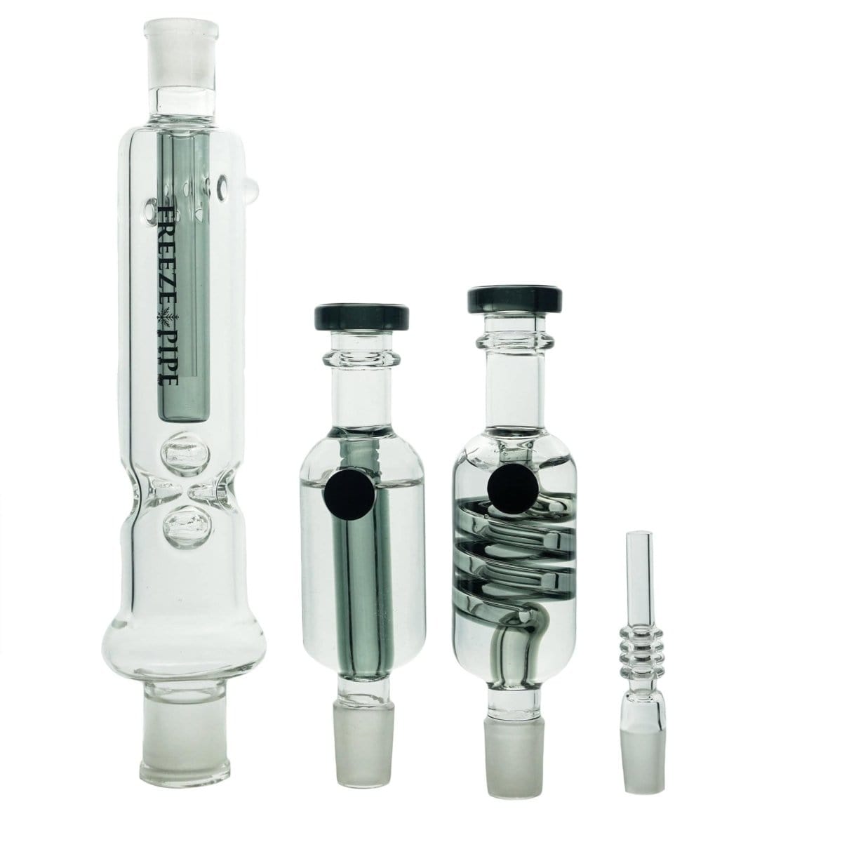 A studio shot of the Freeze Pipe Nectar Collector Kit, featuring a clear glass tip and metallic accents, positioned against a plain white background.