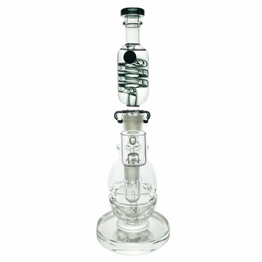 A front view of the Freeze Pipe Mini Rig, a clear glass rig with a rounded base and a cylindrical neck.