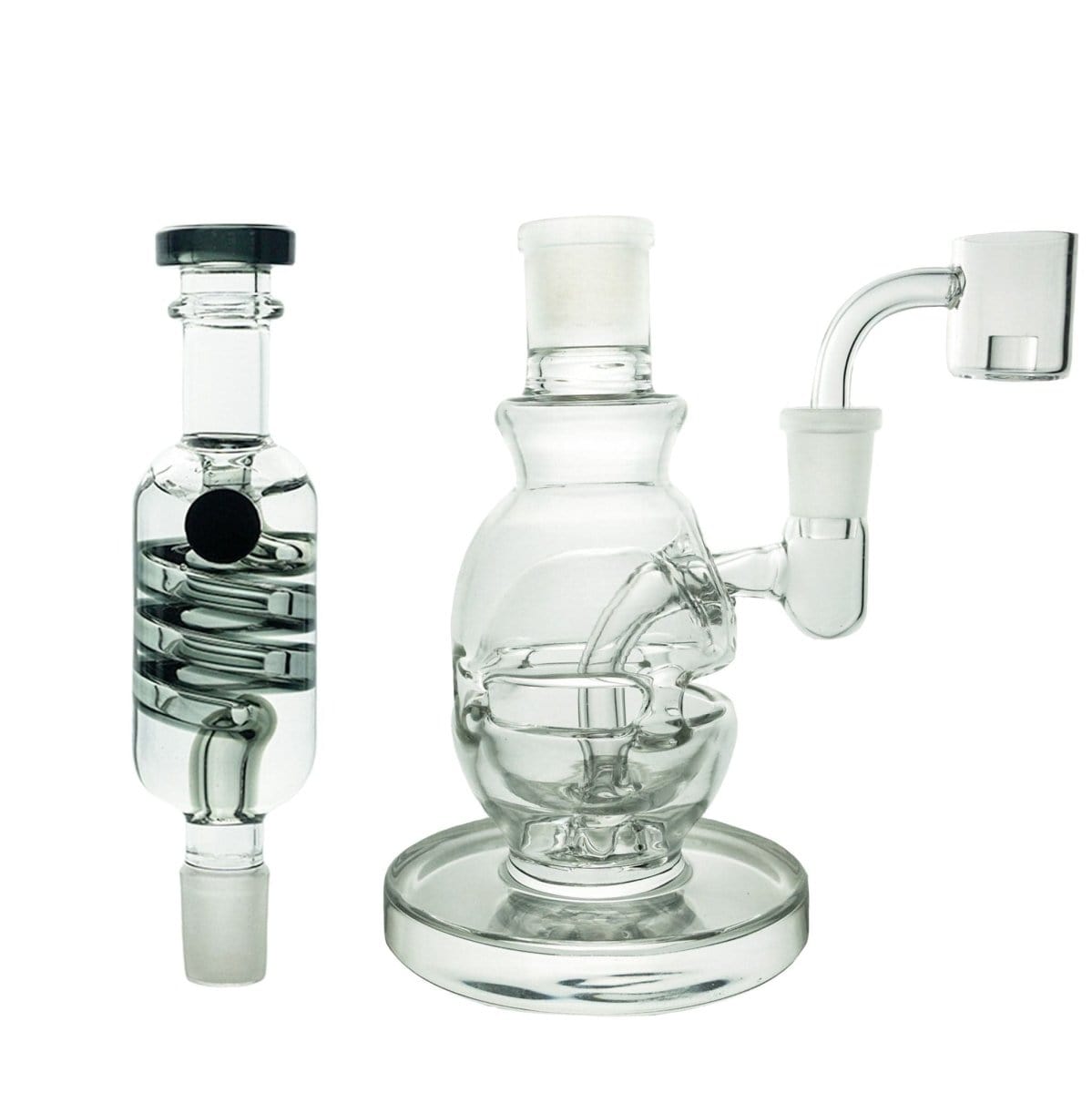 Front view of the Freeze Pipe Mini Rig, a clear glass rig with a unique spherical base and angled mouthpiece.