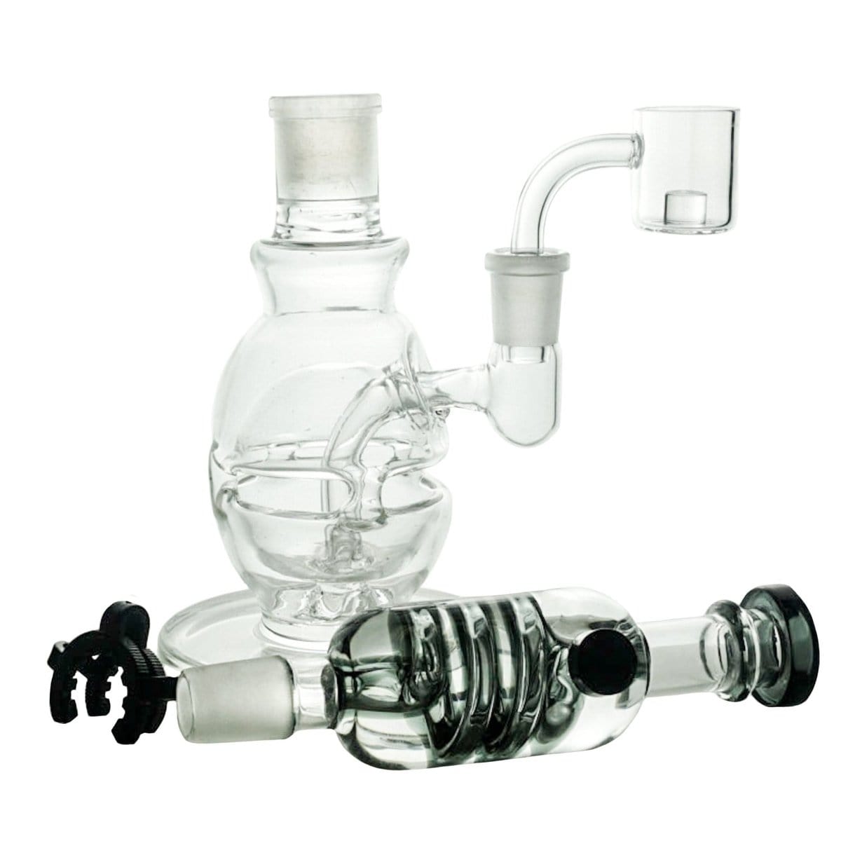 Front view of the Freeze Pipe Mini Rig, a small, clear glass rig with a curved mouthpiece and visible joint.