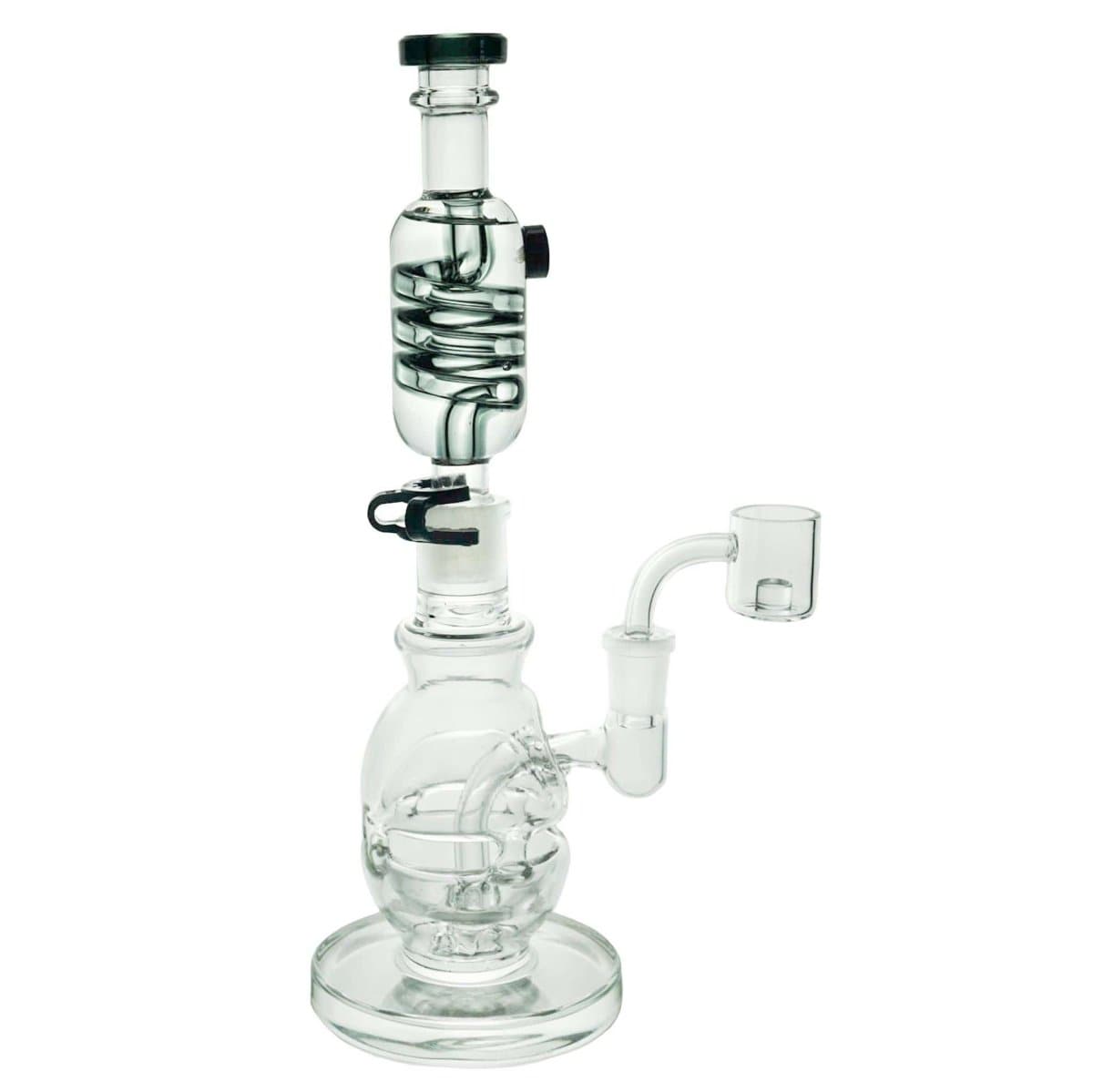 The Freeze Pipe Mini Rig is displayed in a three-quarter view, showcasing its clear glass construction and compact size.