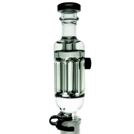 Front view of the Freeze Pipe Tornado, a clear glass pipe with a spiraling internal design and a rounded mouthpiece.