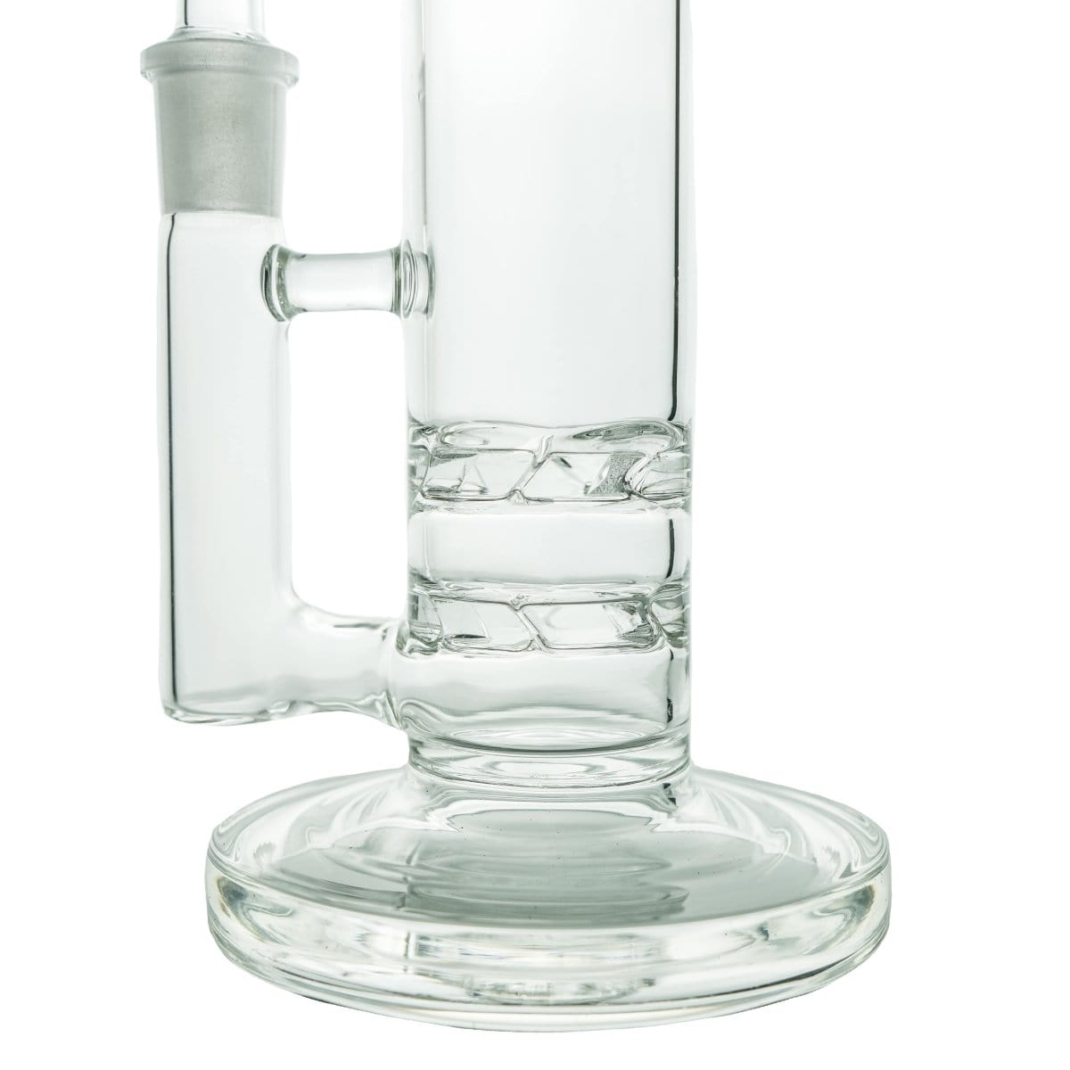 A three-quarter view of the Freeze Pipe Tornado, showcasing the clear glass pipe’s spiraling design and smooth curves.