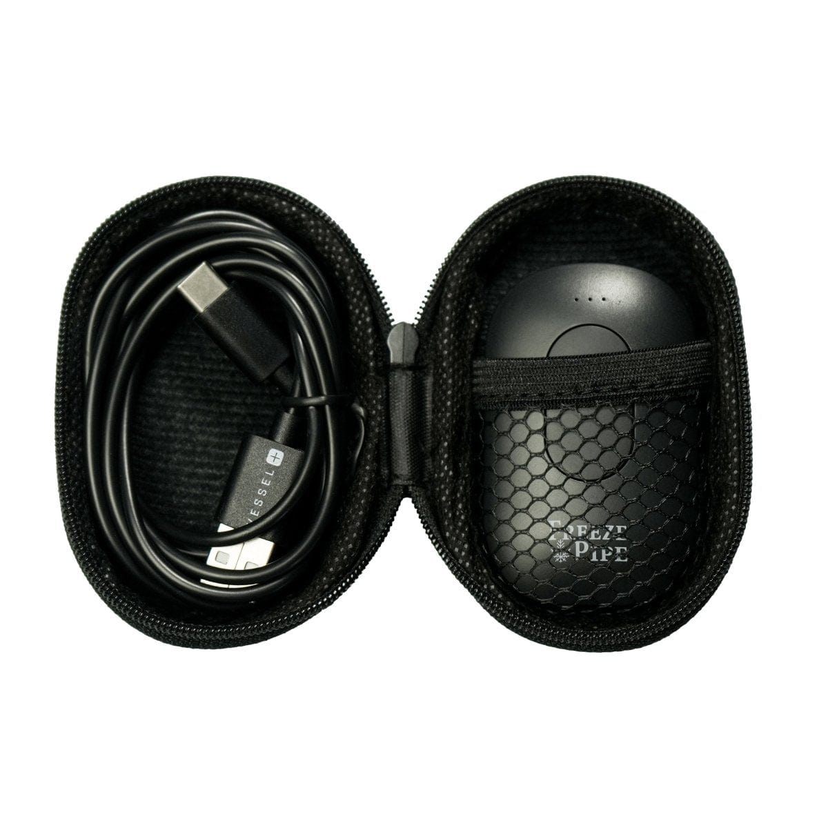 Open view of the Freeze Pipe Vape Pen inside a black, padded case, revealing the pen’s silhouette against the soft interior.