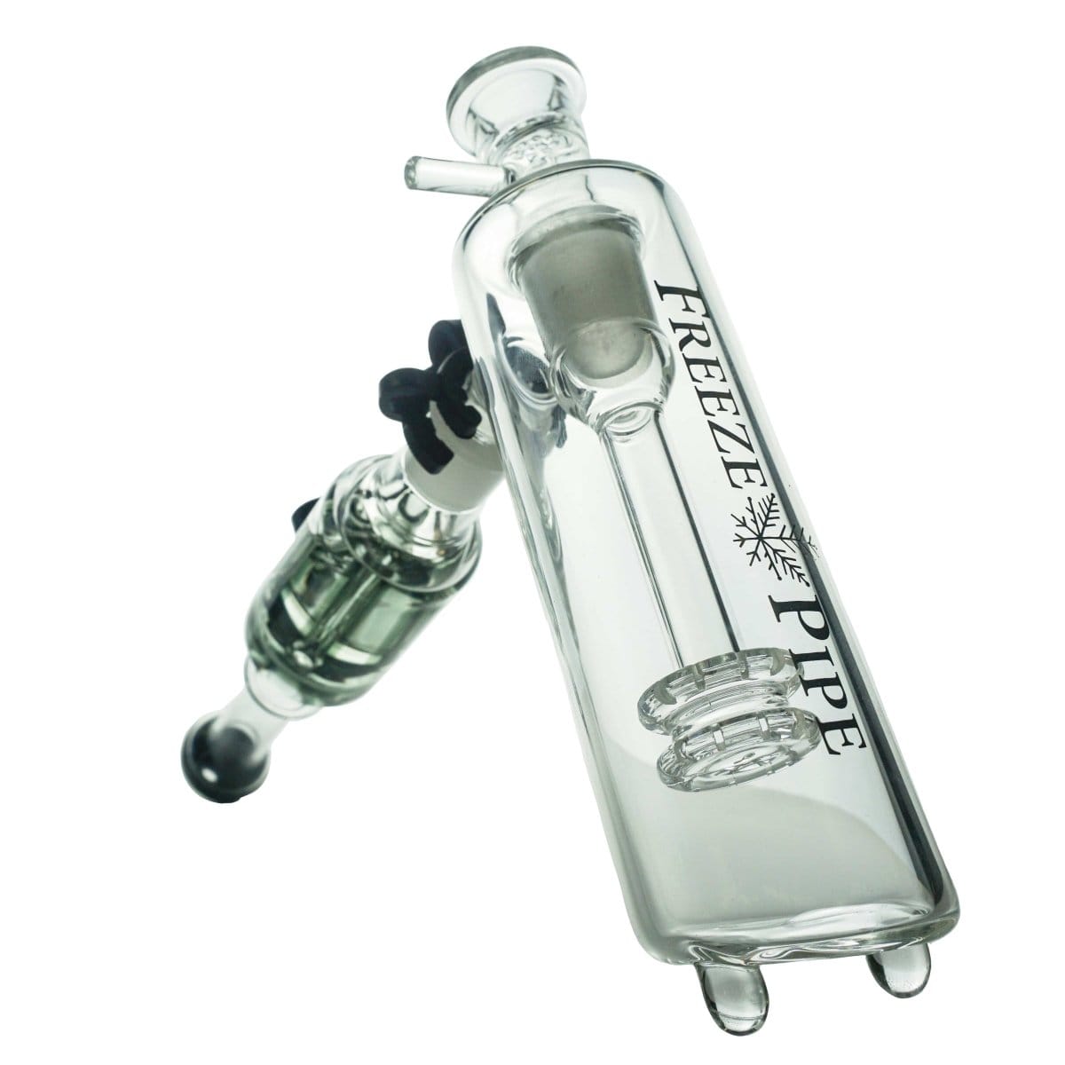 A diagonal, close-up view of the Freeze Pipe Bubbler Pro Kit, showcasing its clear glass construction and streamlined design.