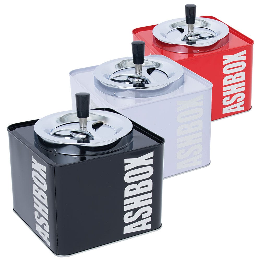 Front view of the 7” Ashbox Metal Spinning Ashtray, showcasing its metallic finish and circular design on a neutral background.