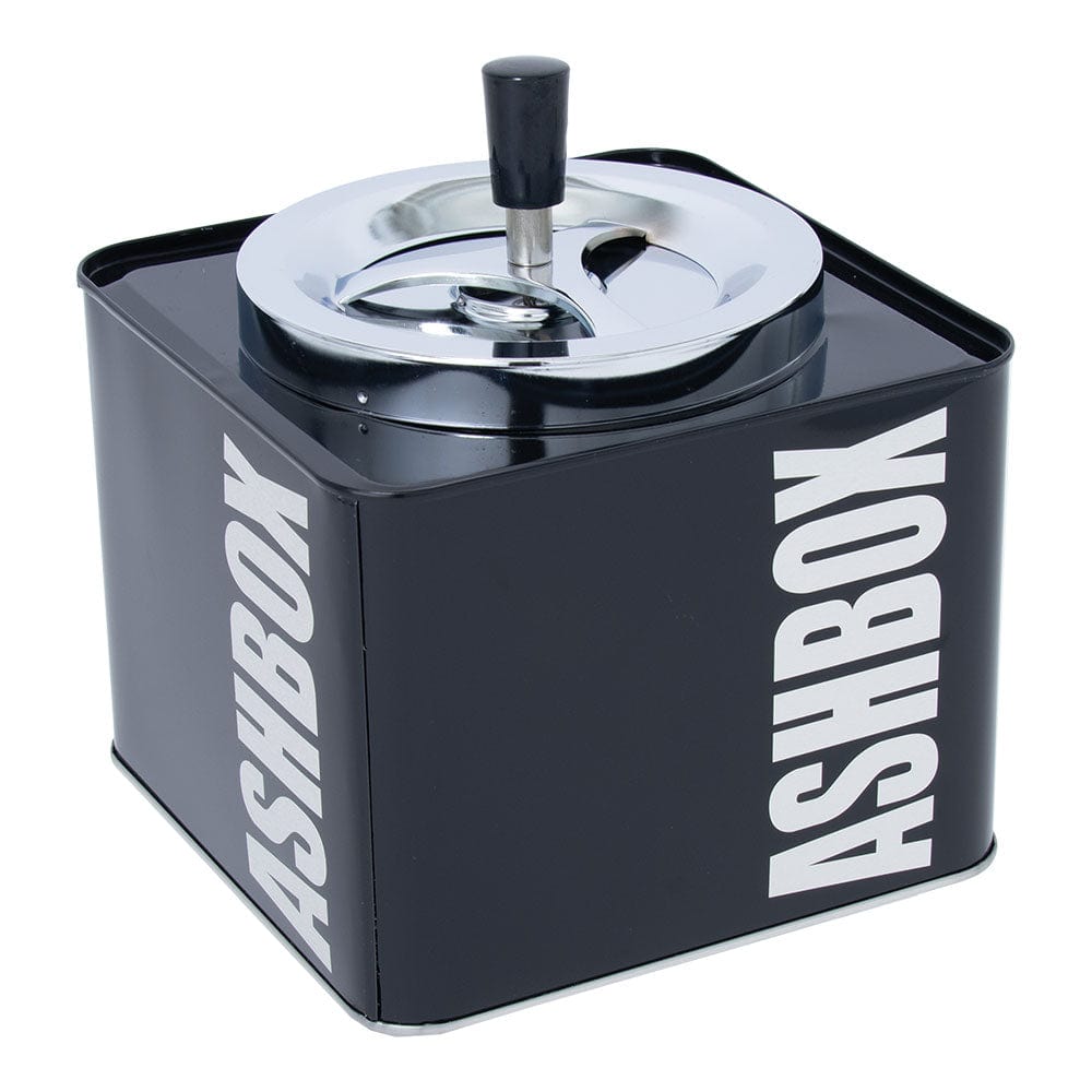 A slightly angled, top-down view of the 7” Ashbox Metal Spinning Ashtray, showcasing its polished metal finish and circular design.