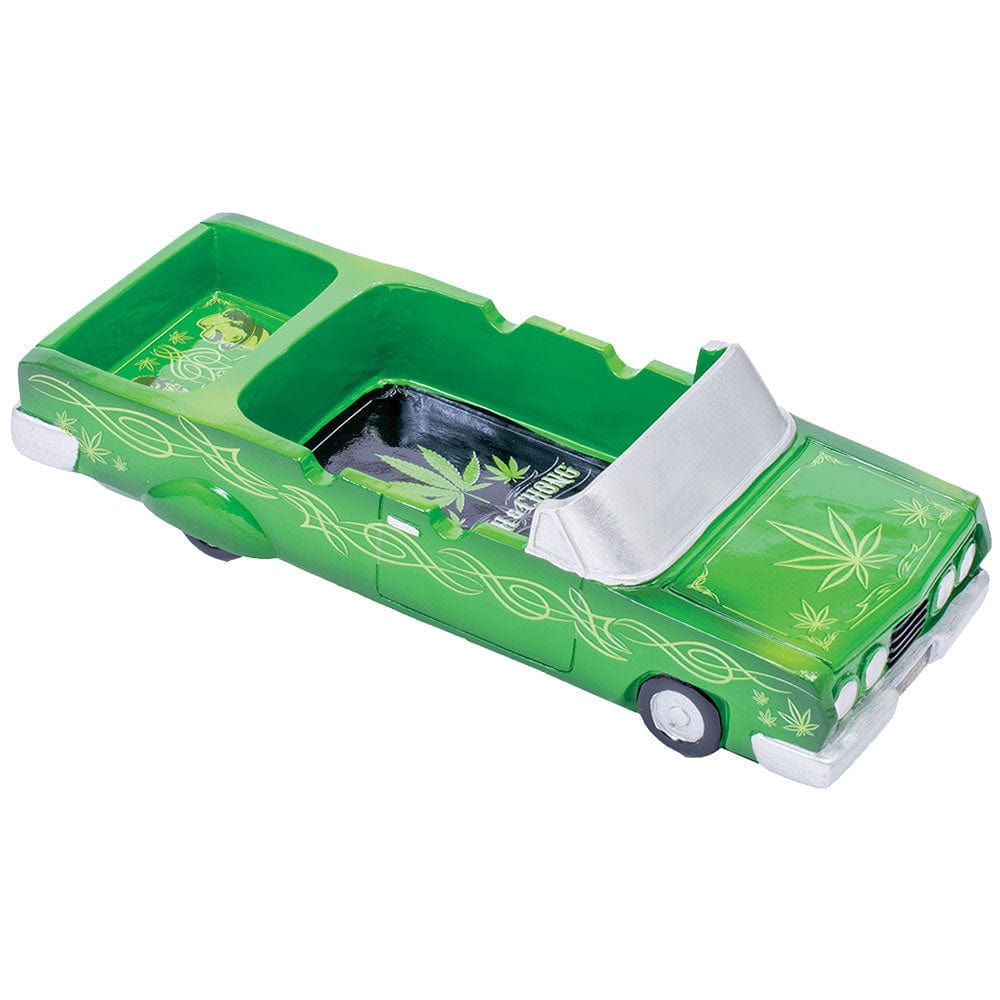 A vibrant, top-down view of the Cheech & Chong 50th Anniversary Lowrider Ashtray, styled like a classic car.