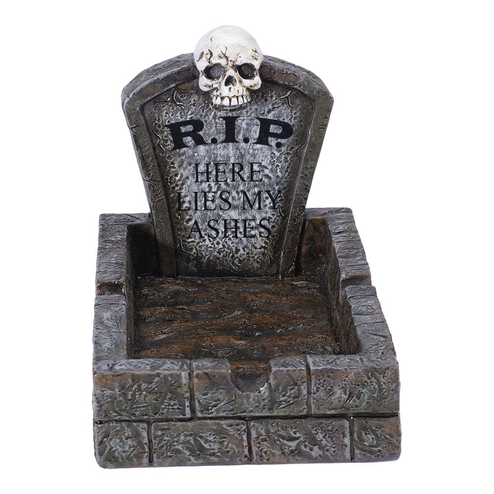 A close-up shows the RIP Tombstone Ashtray, a gray, stone-look ashtray shaped like a tombstone.