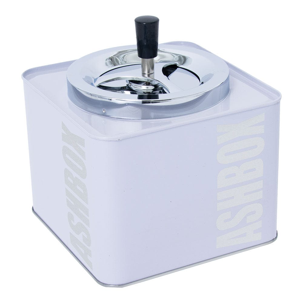 A slightly angled view of the 7" Ashbox Metal Spinning Ashtray, featuring a polished metal finish and circular design.