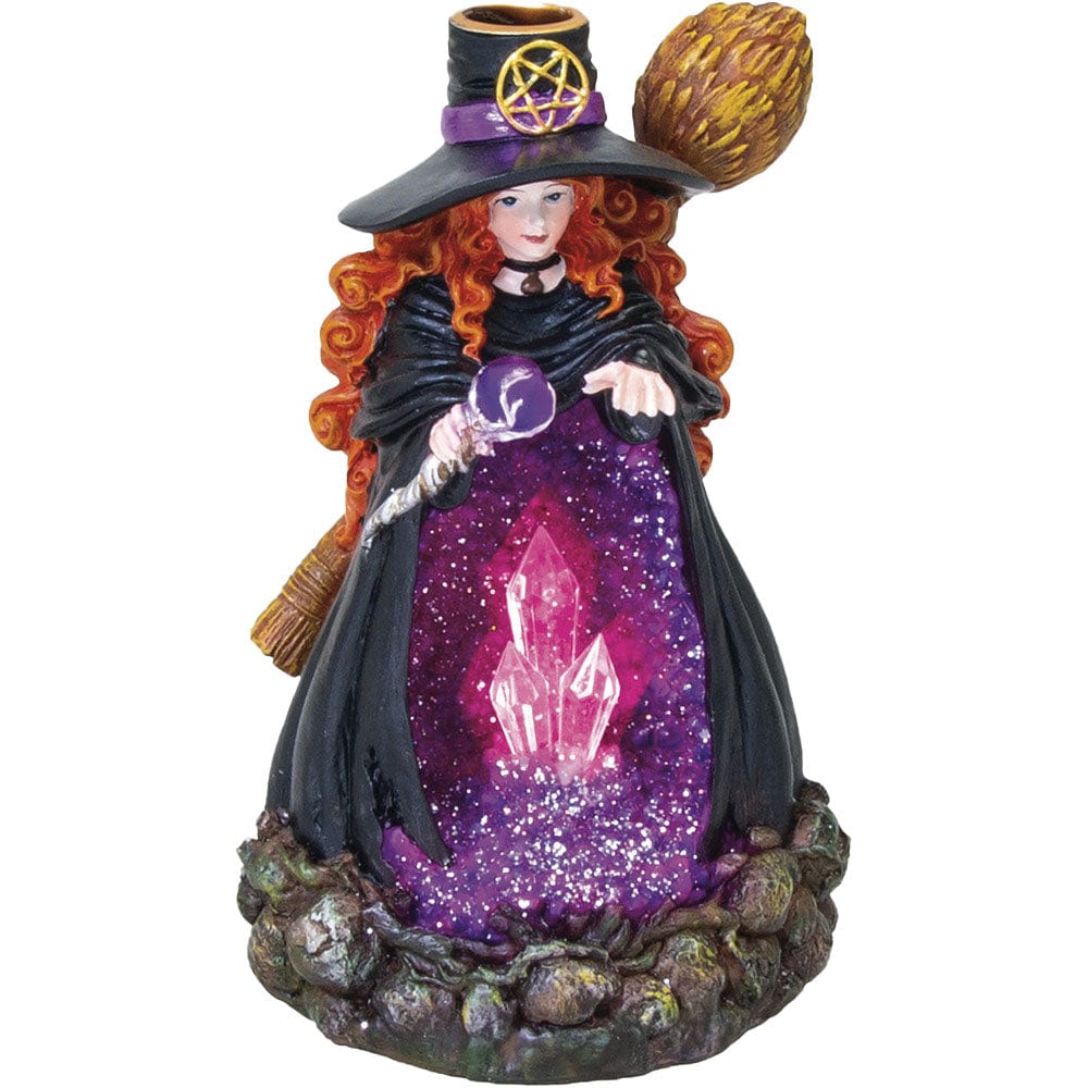 A front view of the 6.75" Fujima Purple Witch Backflow Incense Burner w/ LED, featuring a detailed purple-robed figure amidst sculpted stone.