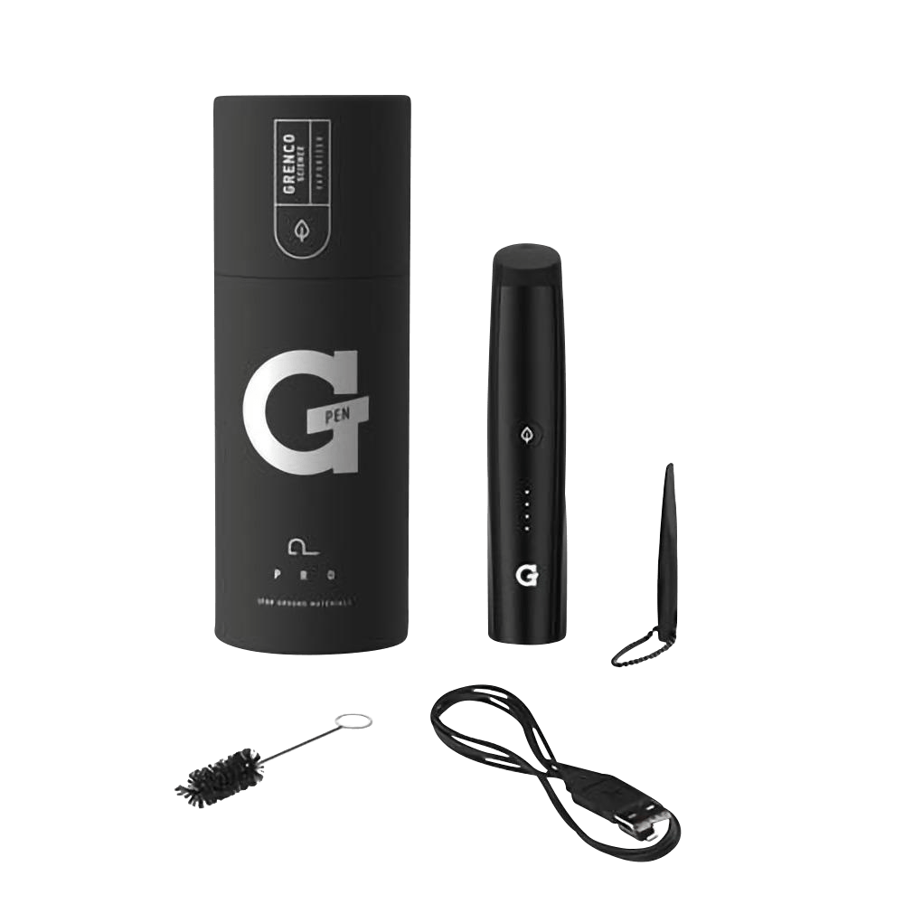 A sleek, black G Pen Pro Vaporizer is centered against a white background, with the branding visible on its side.