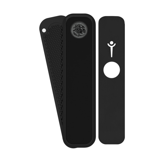 A side view of the Genius Mini Black, showcasing its sleek, minimalist design against a dark background.