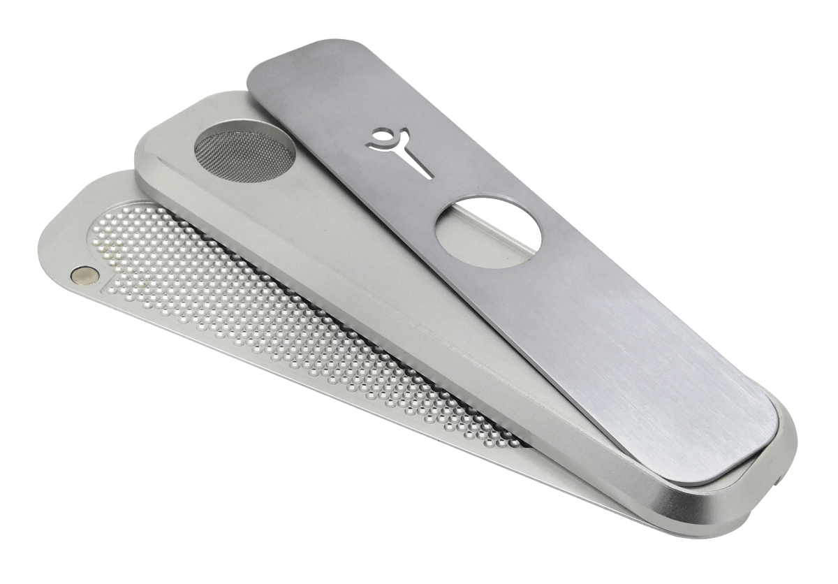 A close-up, angled view of the Genius Mini Silver, showing its sleek, metallic form and minimalist design.