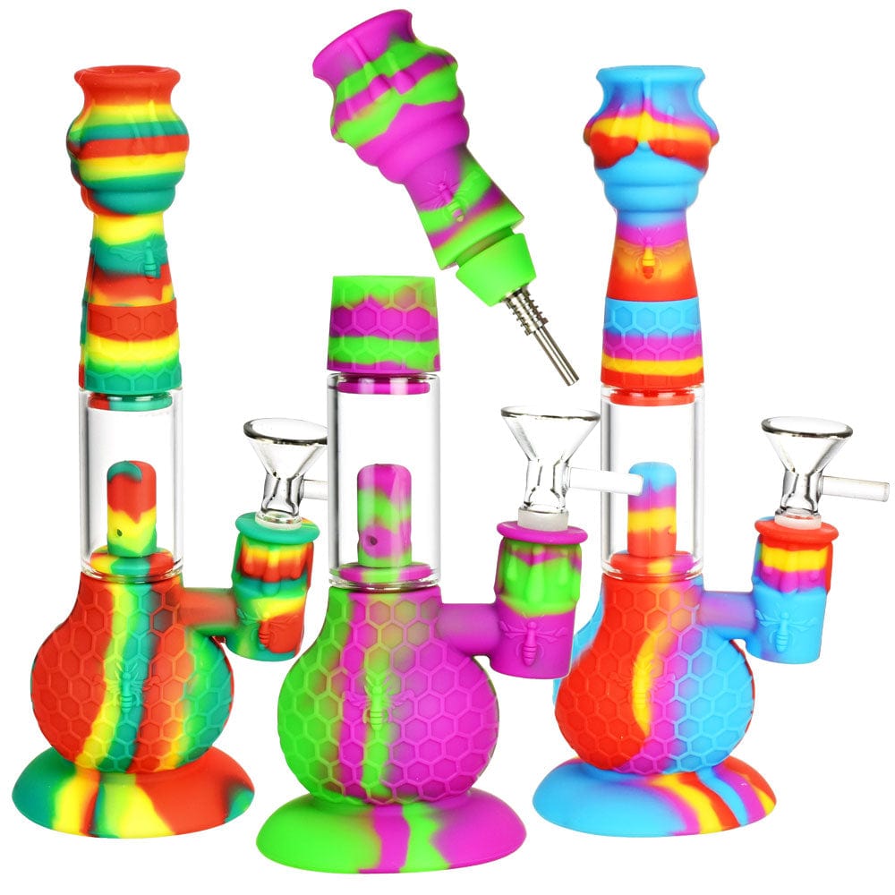 Front view of the Honey Bee 2 in 1 Water Pipe/Dab Straw, showing a colorful, patterned silicone design with a dual-functionality straw attachment.