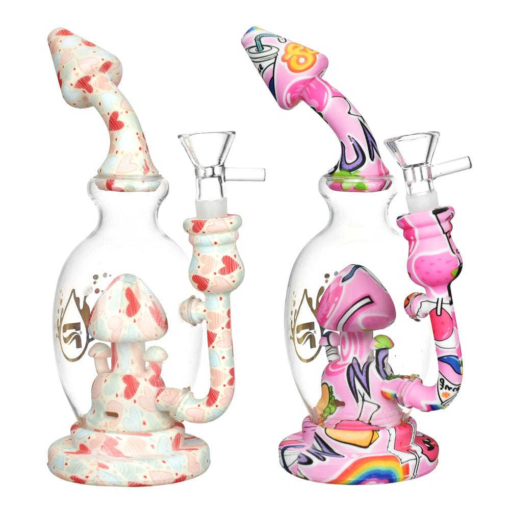 Front view of the Pulsar Shroom Celebration Water Pipe, a colorful, mushroom-shaped glass piece with a detailed base and clear mouthpiece.