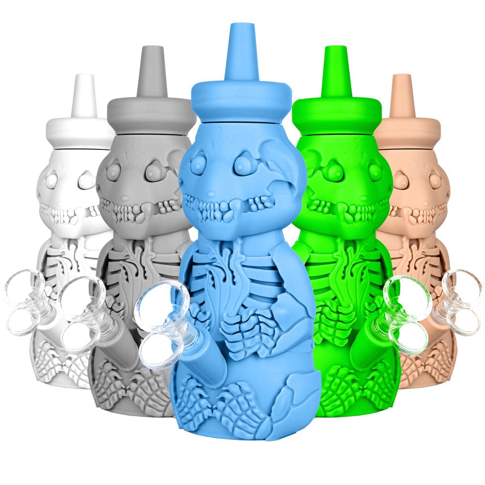 Front view of the Silicone Honey Bear Skeleton Bubbler, showcasing its skeleton design with bubbles against a white background.